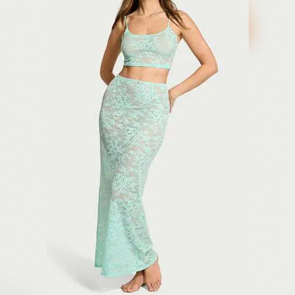Victoria's Secret  tease lace cami & skirt set - green
